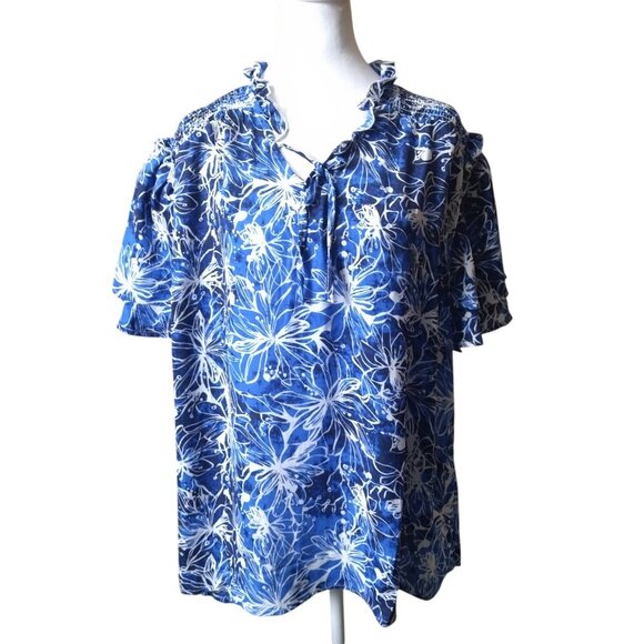 A Love Story Tops - A Love Story Size 2X Floral Flutter Sleeve Ruffle Accent Pullover Blouse Top